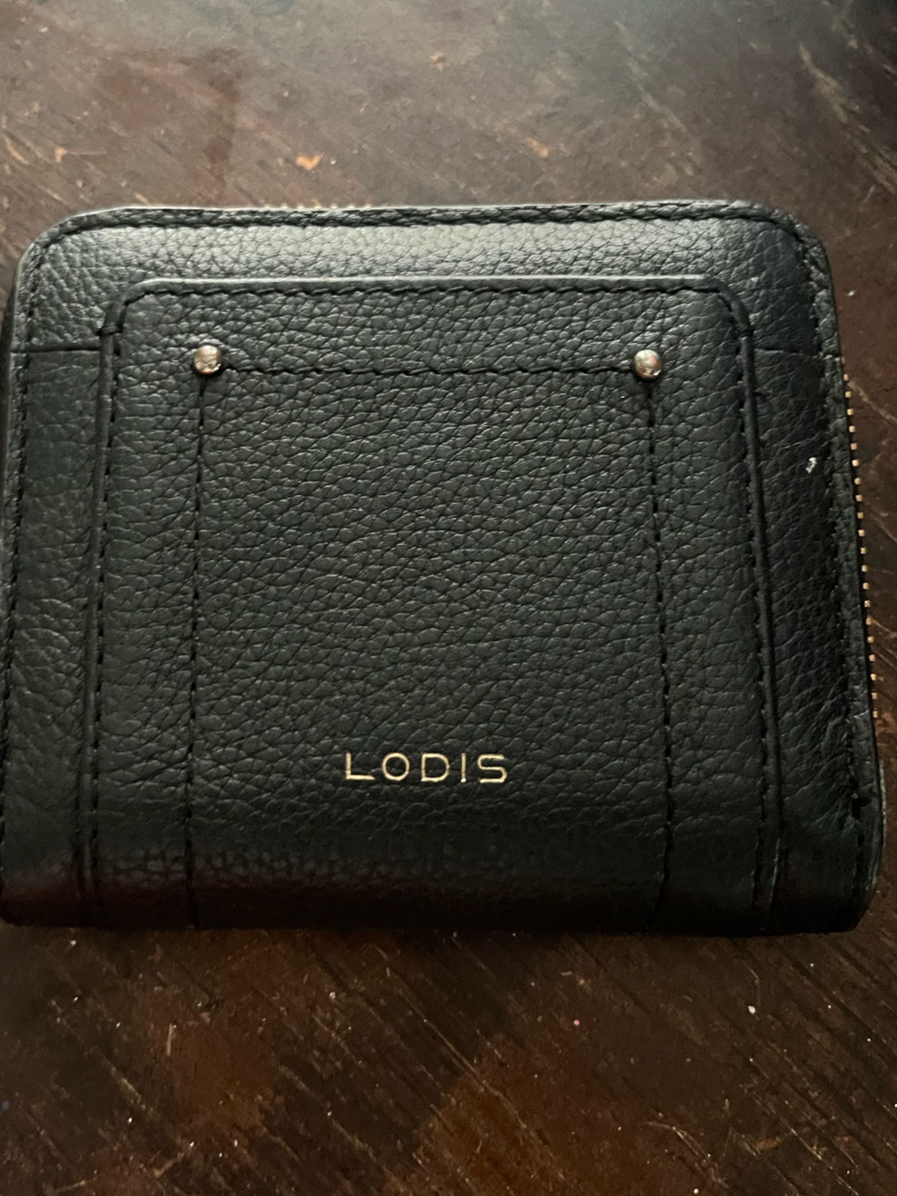 Lodis Black Pebble Leather Zip Card Holder With Gold Accents